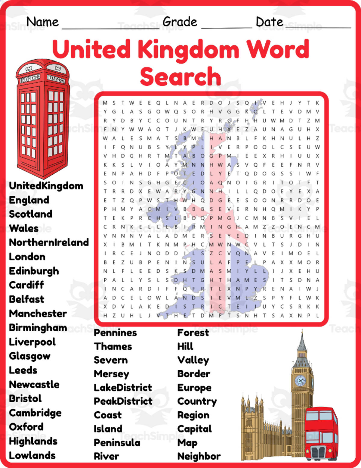 An educational teaching resource from Classsimple entitled United Kingdom Map Geography Word Search 2rd 3th 4th 5th Grade downloadable at Teach Simple.