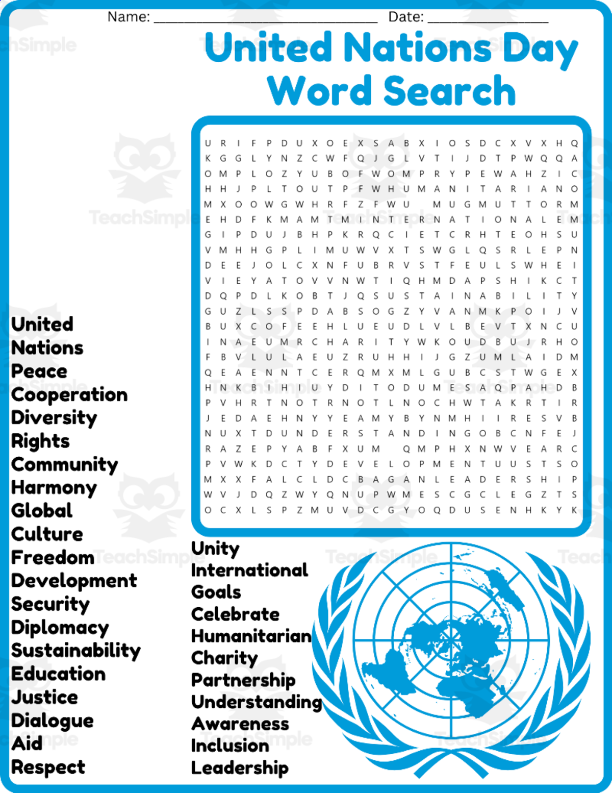 An educational teaching resource from space shope entitled United Nations Day Word Search Puzzle Worksheet Activities downloadable at Teach Simple.