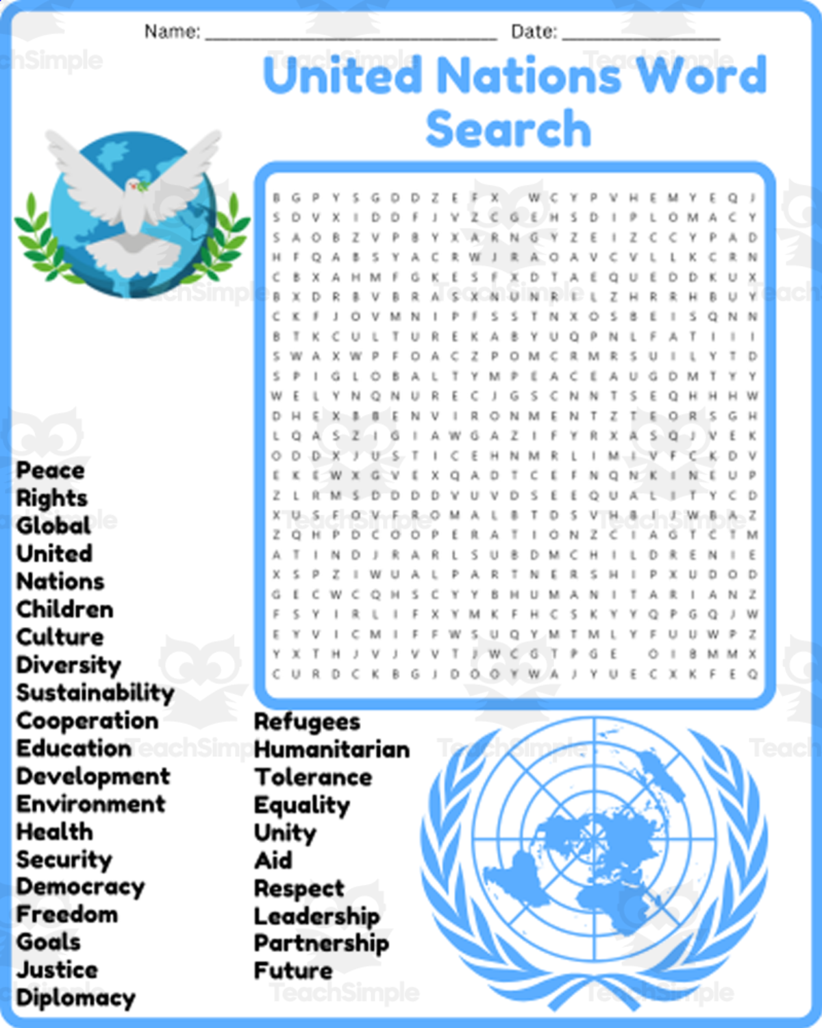 An educational teaching resource from space shope entitled United Nations Word Search Puzzle Worksheet Activities downloadable at Teach Simple.