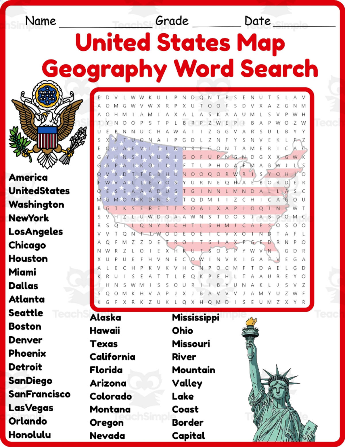 An educational teaching resource from Classsimple entitled United States Map Geography Word Search 2rd 3th 4th 5th Grade downloadable at Teach Simple.