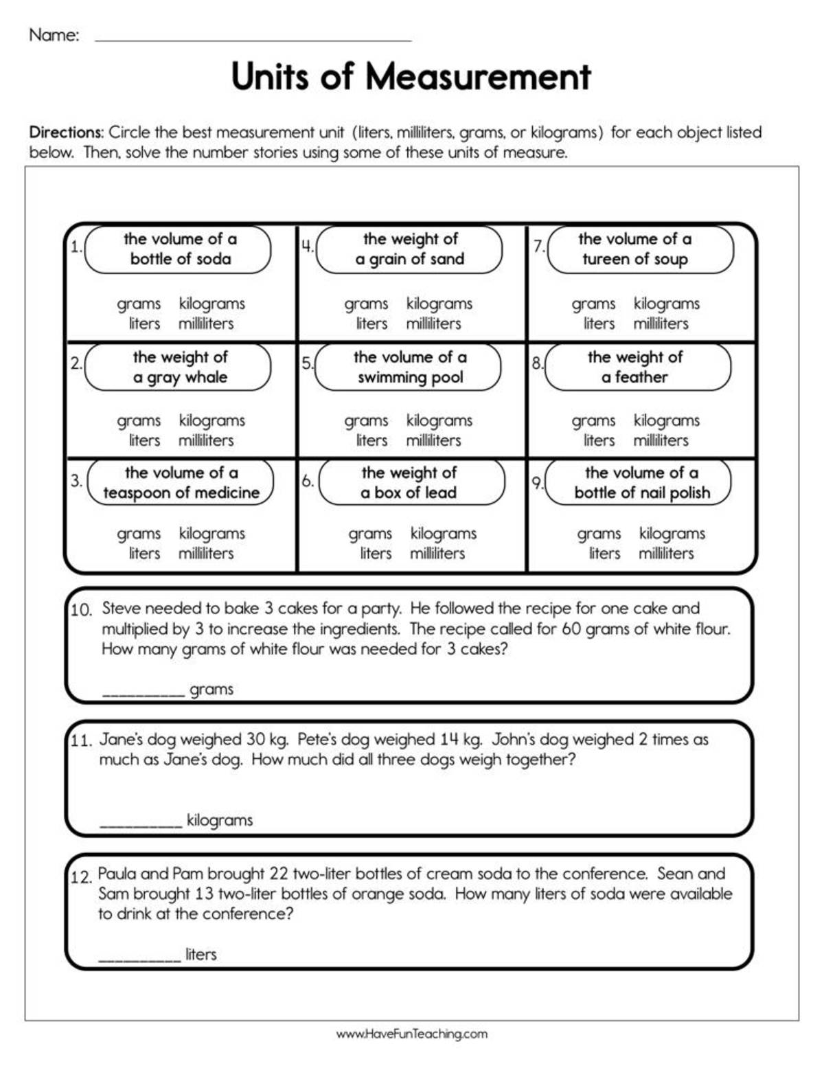 An educational teaching resource from Have Fun Teaching entitled Units of Measurement Worksheet downloadable at Teach Simple.