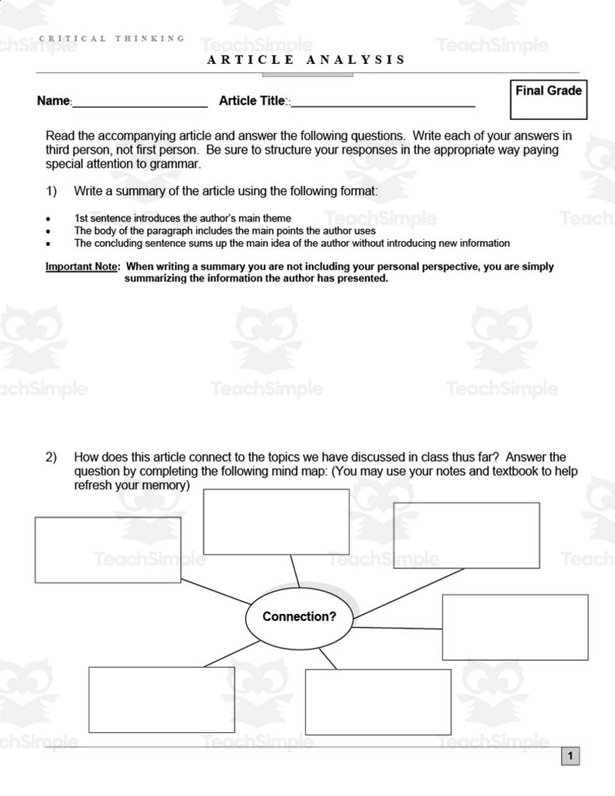 An educational teaching resource from Creating History entitled Universal Article Analysis Template downloadable at Teach Simple.
