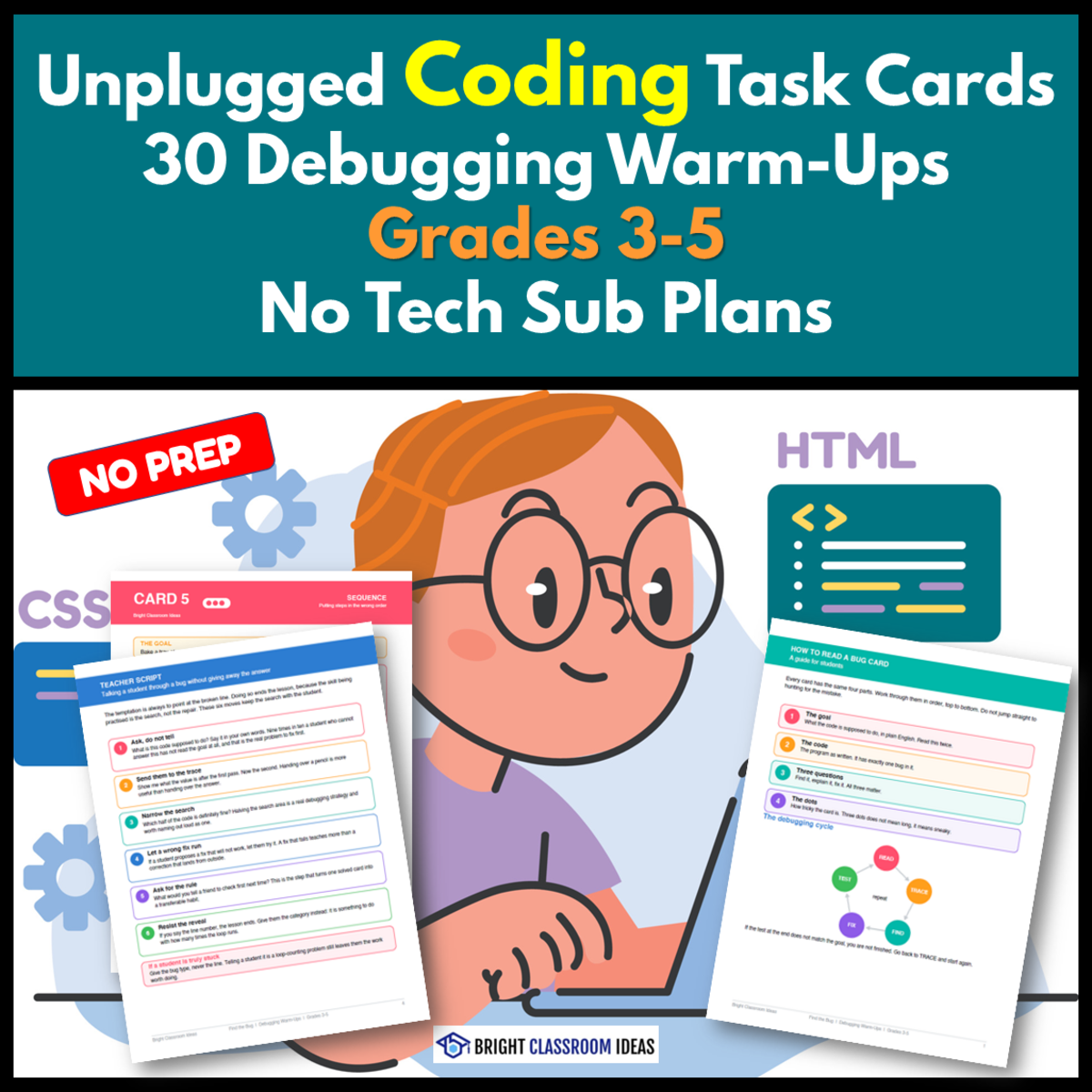 An educational teaching resource from Bright Classroom Ideas Marketplace entitled Unplugged Coding Task Cards | 30 Debugging WarmUps Grades 3-5 |No Tech downloadable at Teach Simple.