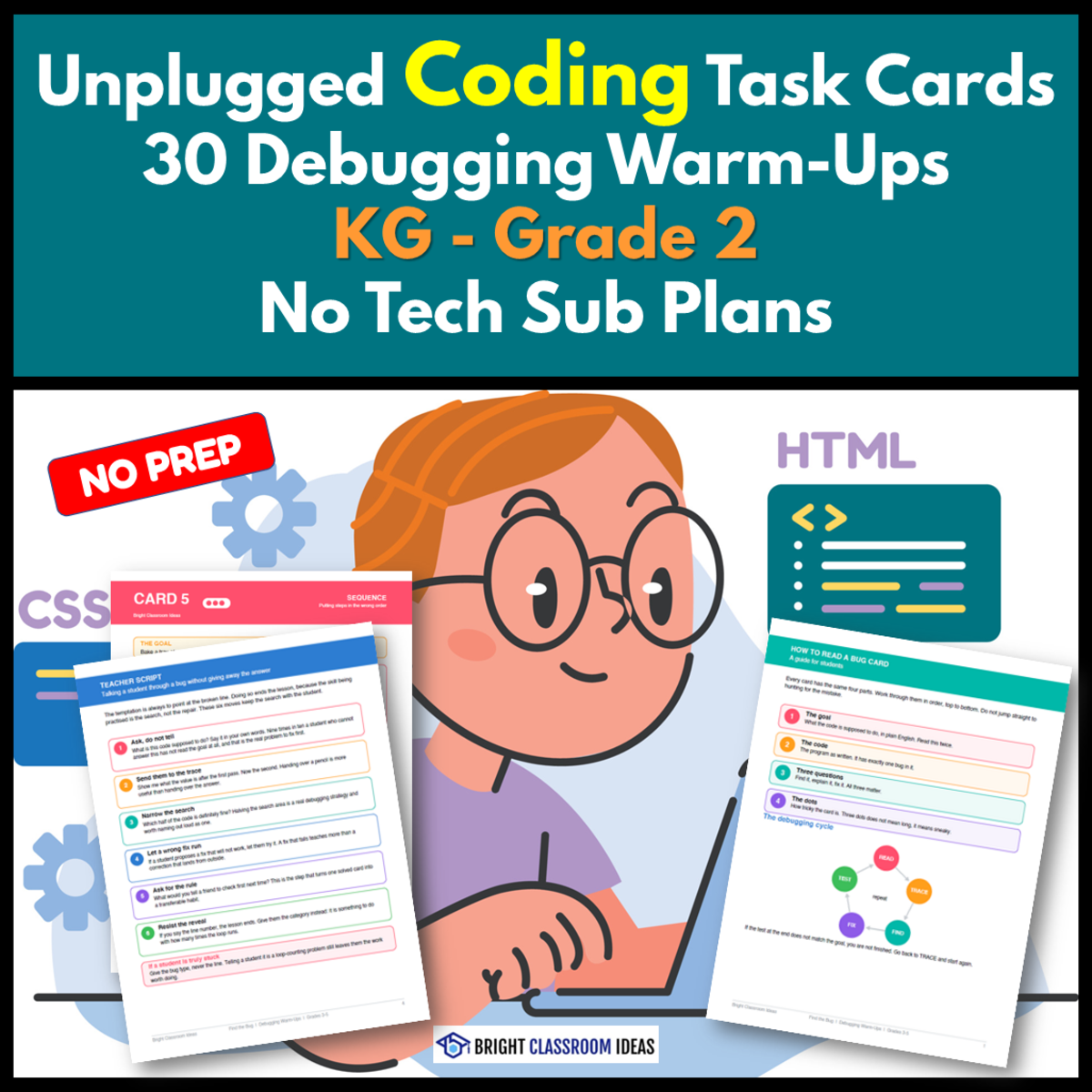 An educational teaching resource from Bright Classroom Ideas Marketplace entitled Unplugged Coding Task Cards | 30 Debugging WarmUps K-2 | No Tech downloadable at Teach Simple.
