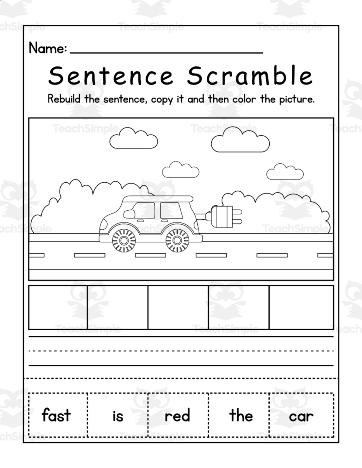 An educational teaching resource from Wise Little Mindset entitled Unscramble Sentence Writing Worksheets downloadable at Teach Simple.