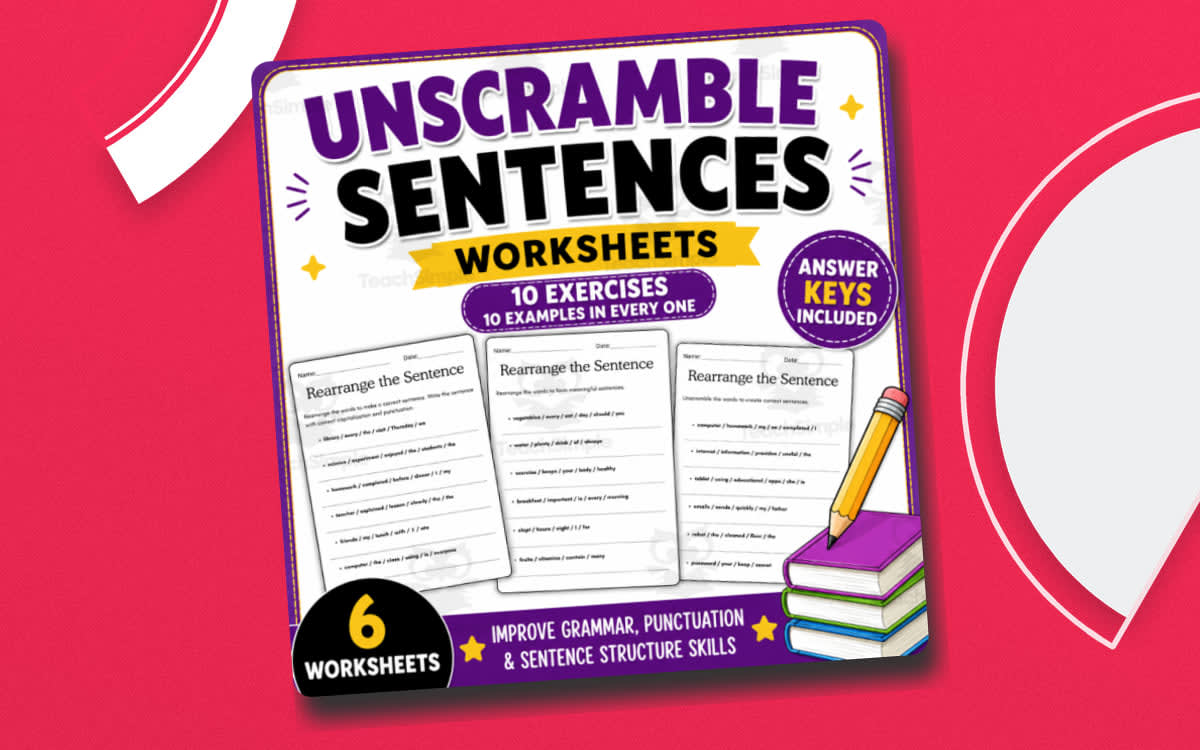 An educational teaching resource from Smart Learning Press entitled unscramble sentences worksheet grade 6 with answers downloadable at Teach Simple.