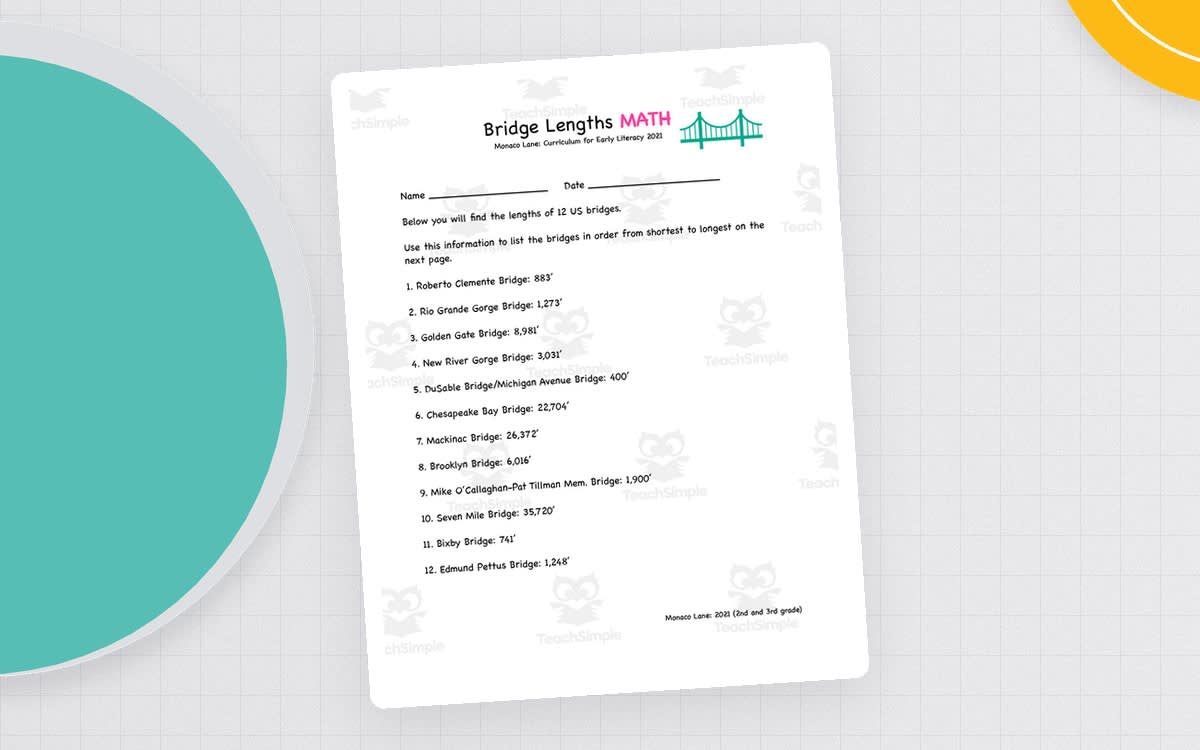 An educational teaching resource from Monaco Lane Curriculum for Early Literacy entitled U.S. Bridge Lengths | Maths Worksheet downloadable at Teach Simple.