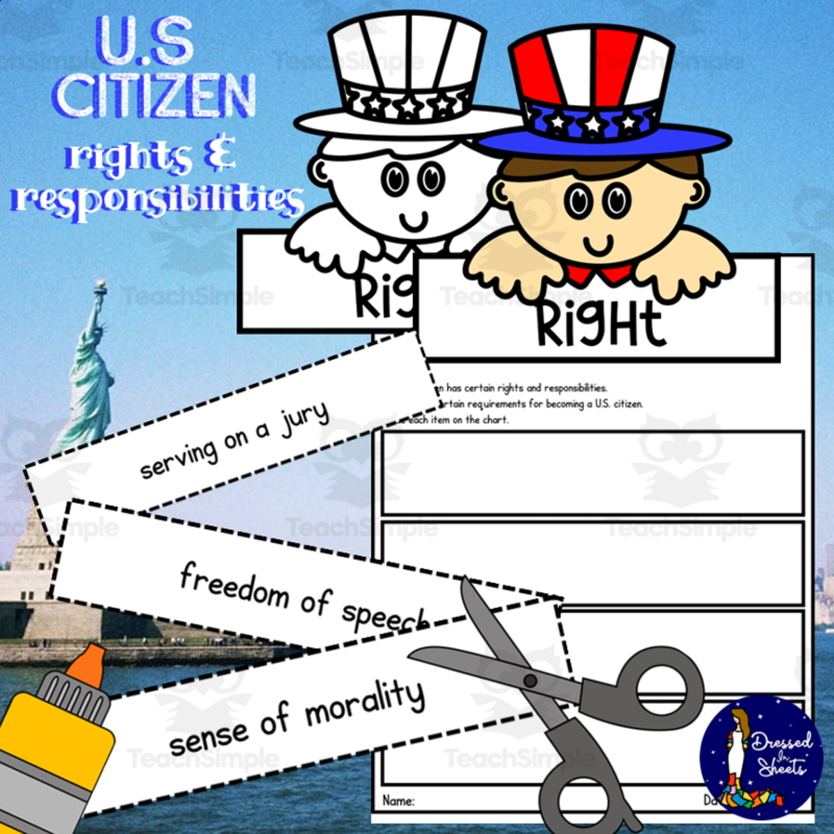 An educational teaching resource from Soumara Siddiqui entitled US Citizen Rights and Responsibilities downloadable at Teach Simple.