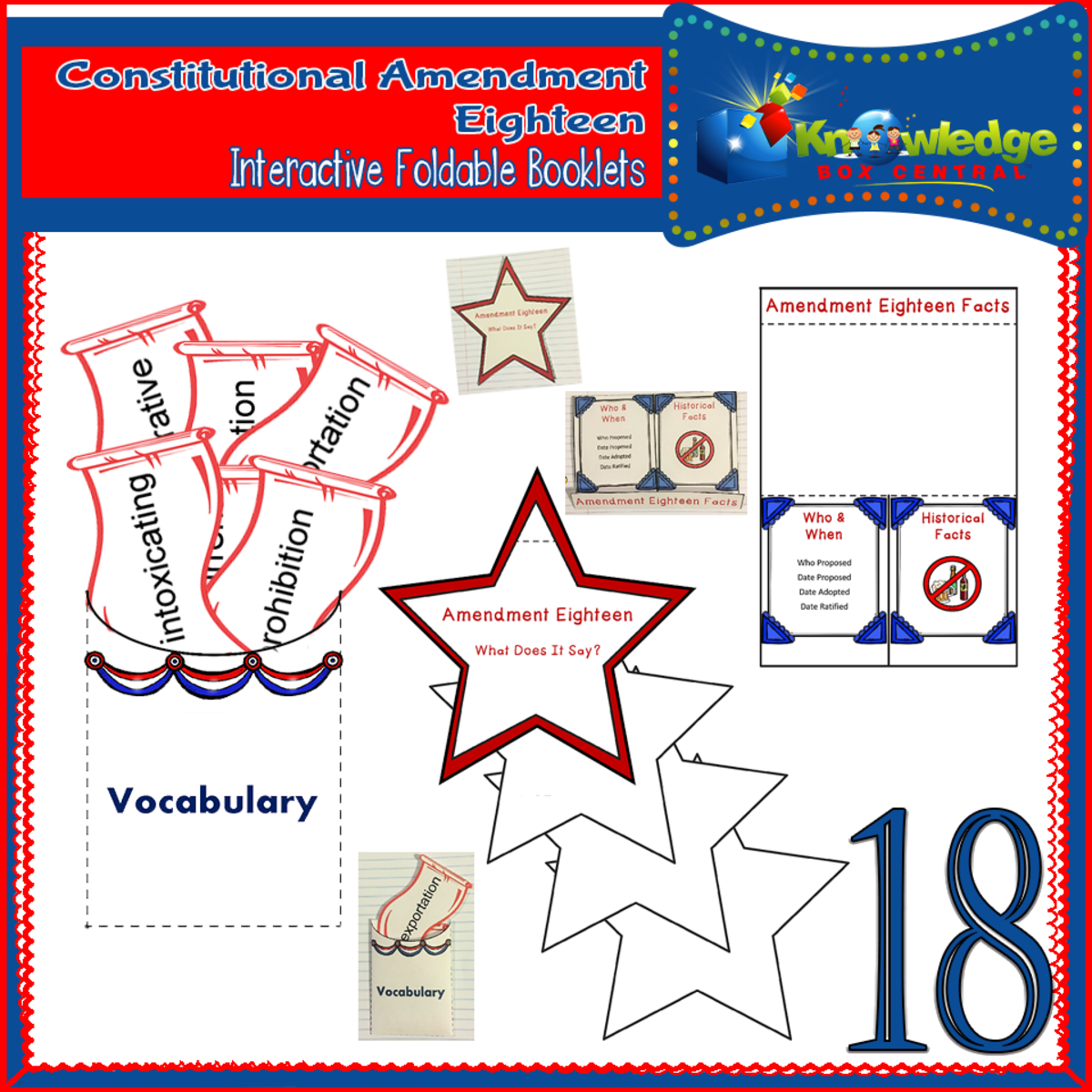 An educational teaching resource from Knowledge Box Central entitled U.S. Constitutional Amendment Eighteen Interactive Foldable Booklets - EBOOK downloadable at Teach Simple.