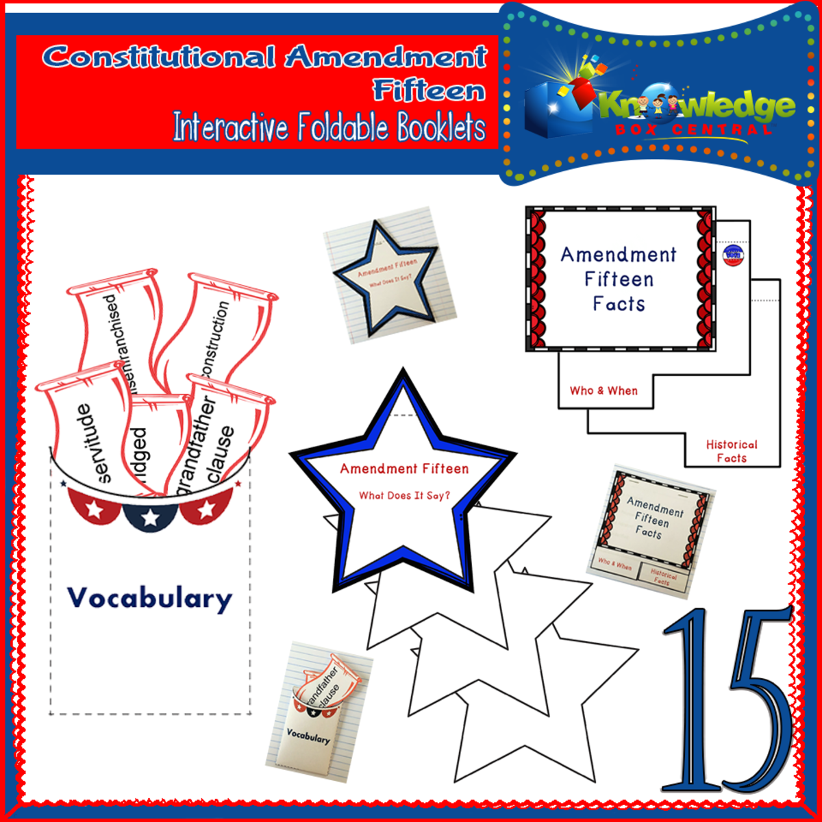 An educational teaching resource from Knowledge Box Central entitled U.S. Constitutional Amendment Fifteen Interactive Foldable Booklets - EBOOK downloadable at Teach Simple.