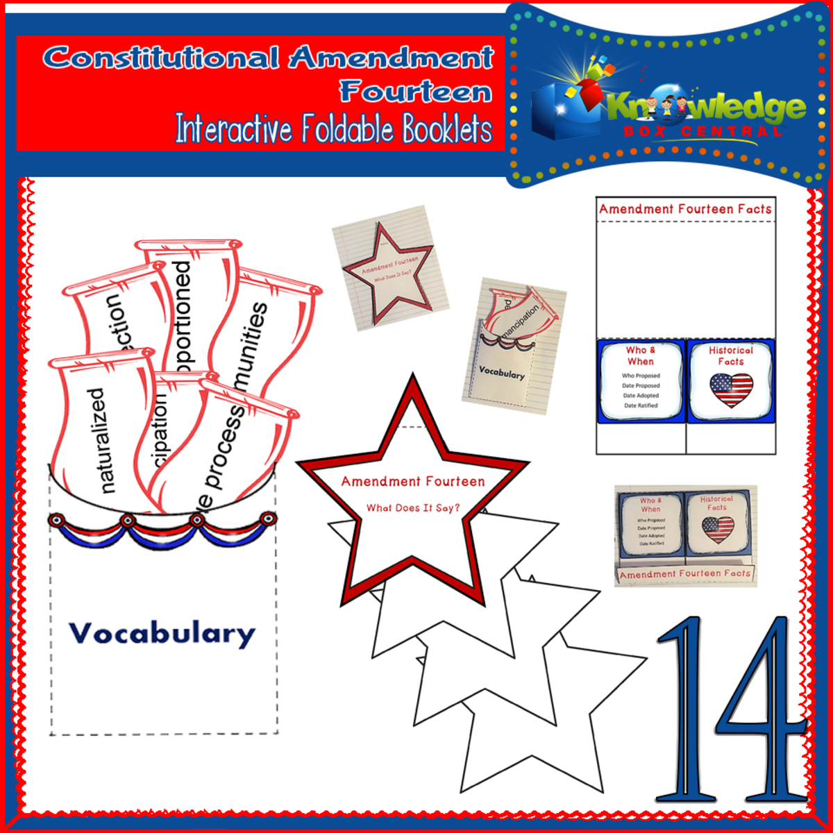 An educational teaching resource from Knowledge Box Central entitled U.S. Constitutional Amendment Fourteen Interactive Foldable Booklets - EBOOK downloadable at Teach Simple.