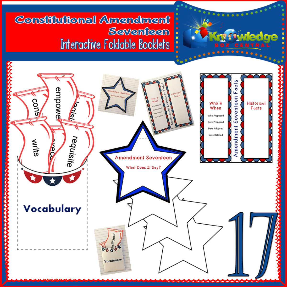An educational teaching resource from Knowledge Box Central entitled U.S. Constitutional Amendment Seventeen Interactive Foldable Booklets - EBOOK downloadable at Teach Simple.