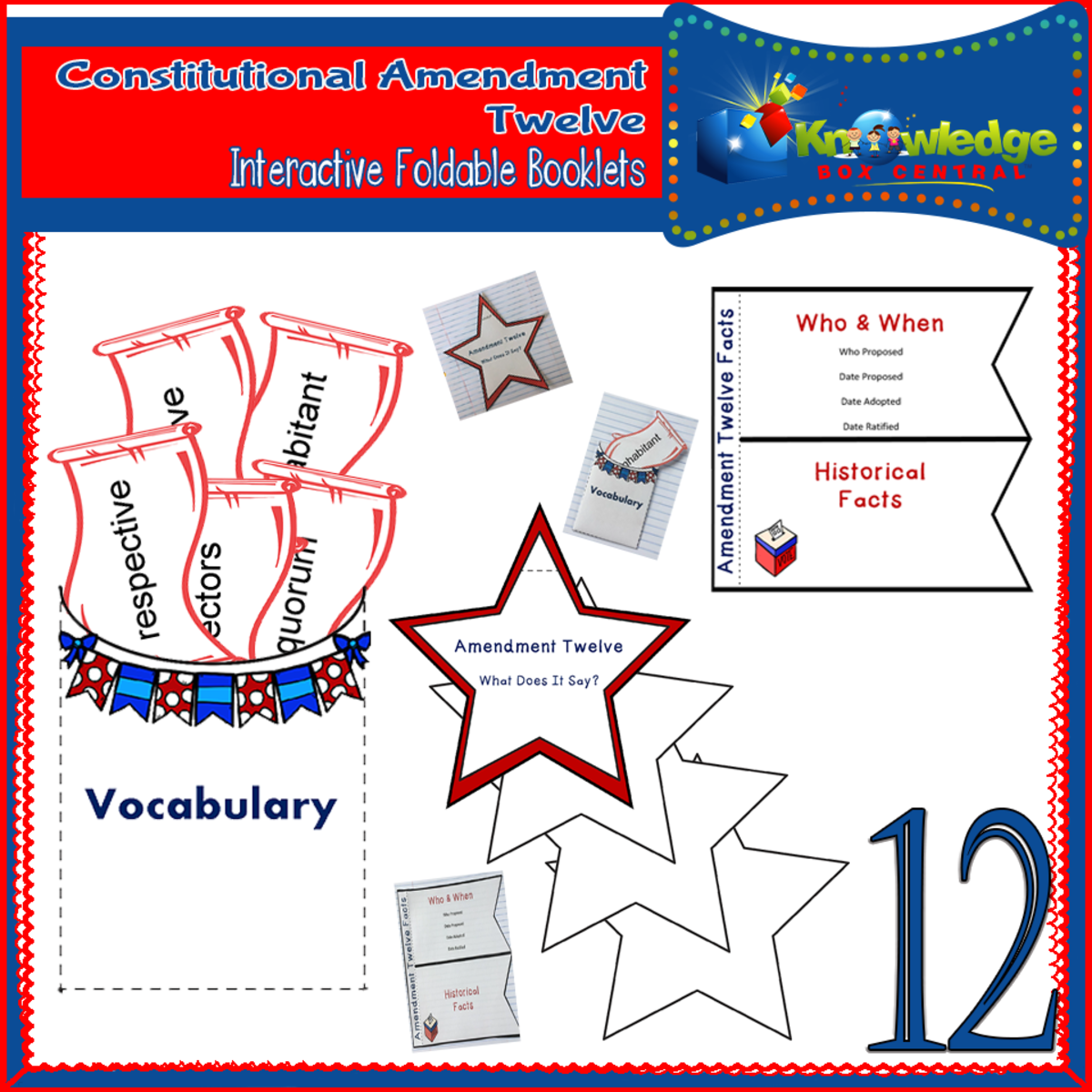 An educational teaching resource from Knowledge Box Central entitled U.S. Constitutional Amendment Twelve Interactive Foldable Booklets - EBOOK downloadable at Teach Simple.