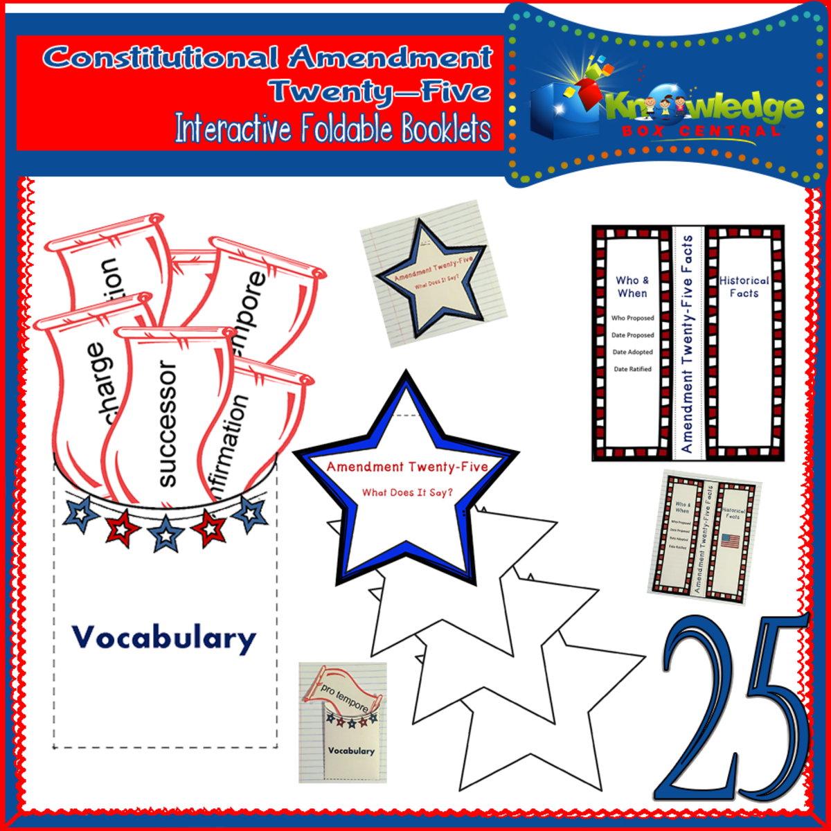 An educational teaching resource from Knowledge Box Central entitled U.S. Constitutional Amendment Twenty-Five Interactive Foldable Booklets - EBOOK downloadable at Teach Simple.