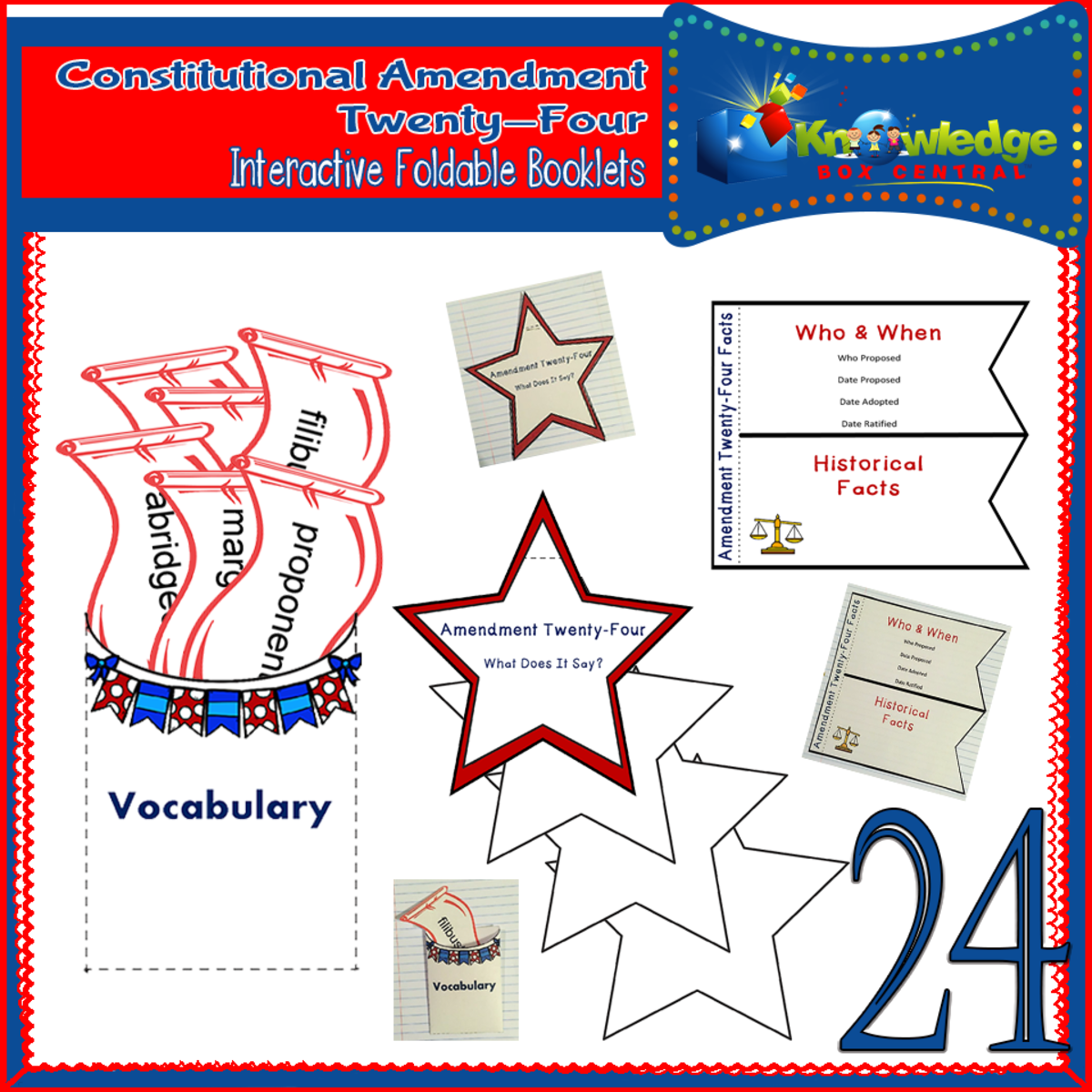 An educational teaching resource from Knowledge Box Central entitled U.S. Constitutional Amendment Twenty-Four Interactive Foldable Booklets - EBOOK downloadable at Teach Simple.