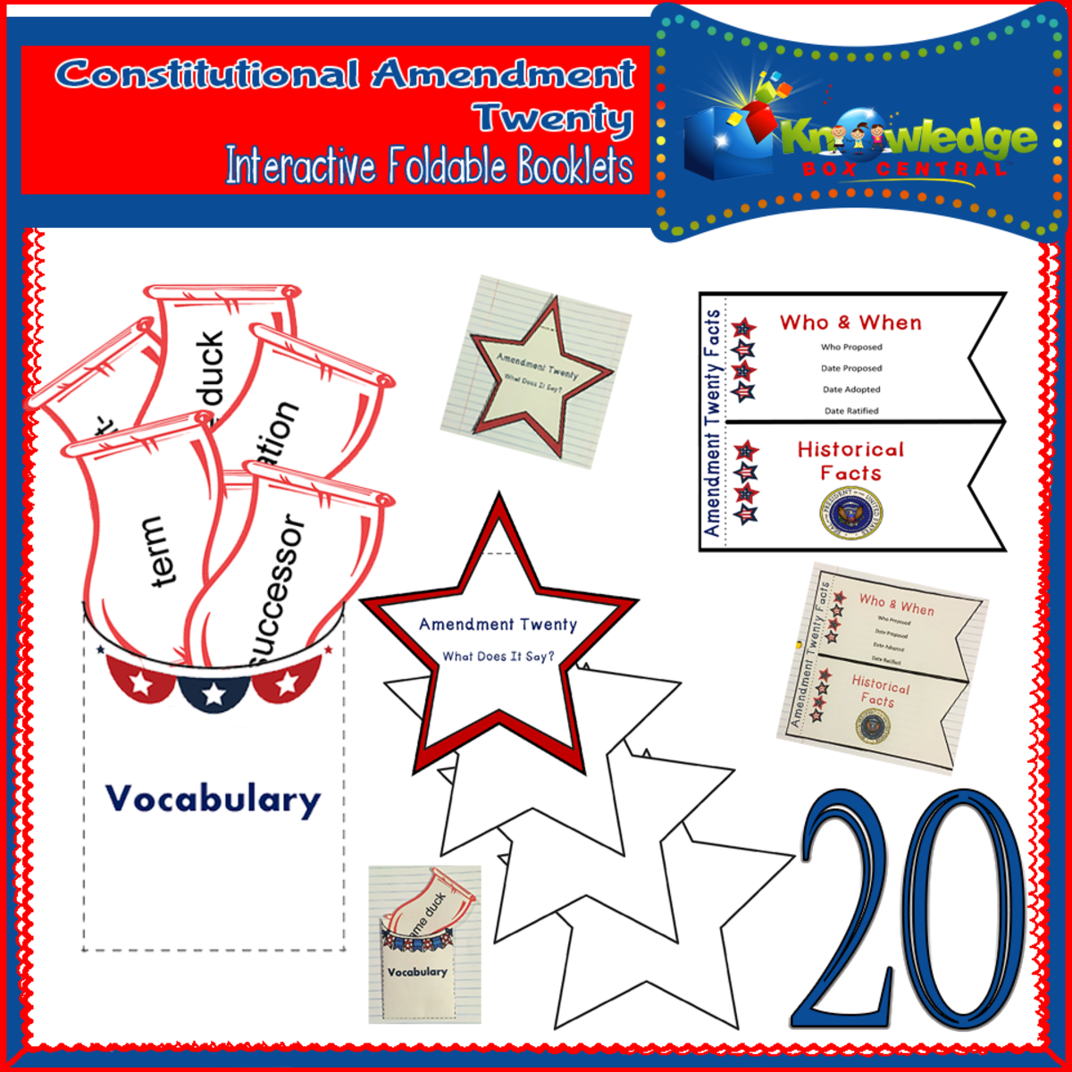 An educational teaching resource from Knowledge Box Central entitled U.S. Constitutional Amendment Twenty Interactive Foldable Booklets - EBOOK downloadable at Teach Simple.