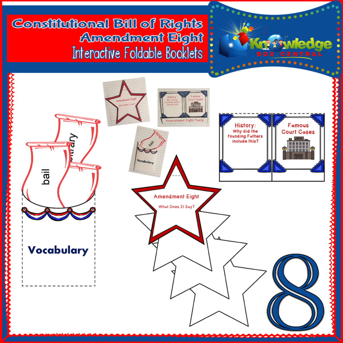 An educational teaching resource from Knowledge Box Central entitled U.S. Constitutional Bill of Rights: Amendment Eighth Interactive Foldable Booklets - EBOOK downloadable at Teach Simple.