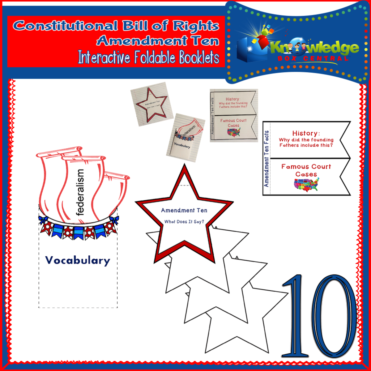 An educational teaching resource from Knowledge Box Central entitled U.S. Constitutional Bill of Rights: Amendment Ten Interactive Foldable Booklets - EBOOK downloadable at Teach Simple.