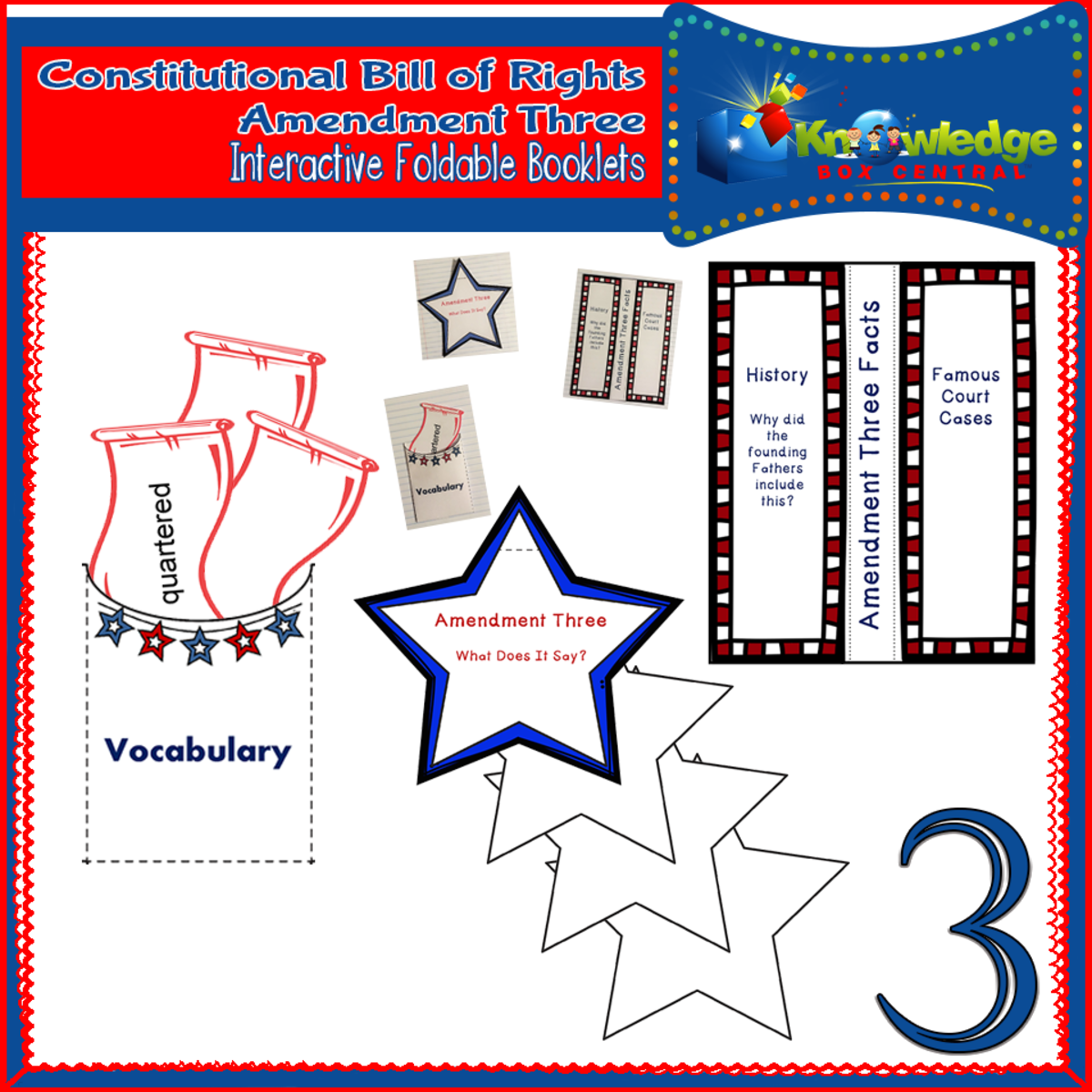 An educational teaching resource from Knowledge Box Central entitled U.S. Constitutional Bill of Rights: Amendment Three Interactive Foldable Booklets - EBOOK downloadable at Teach Simple.