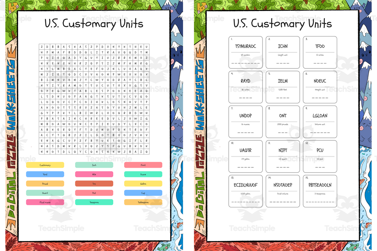 An educational teaching resource from Lapiiin Art Activities entitled US Customary Units word search, scramble and crossword puzzle downloadable at Teach Simple.