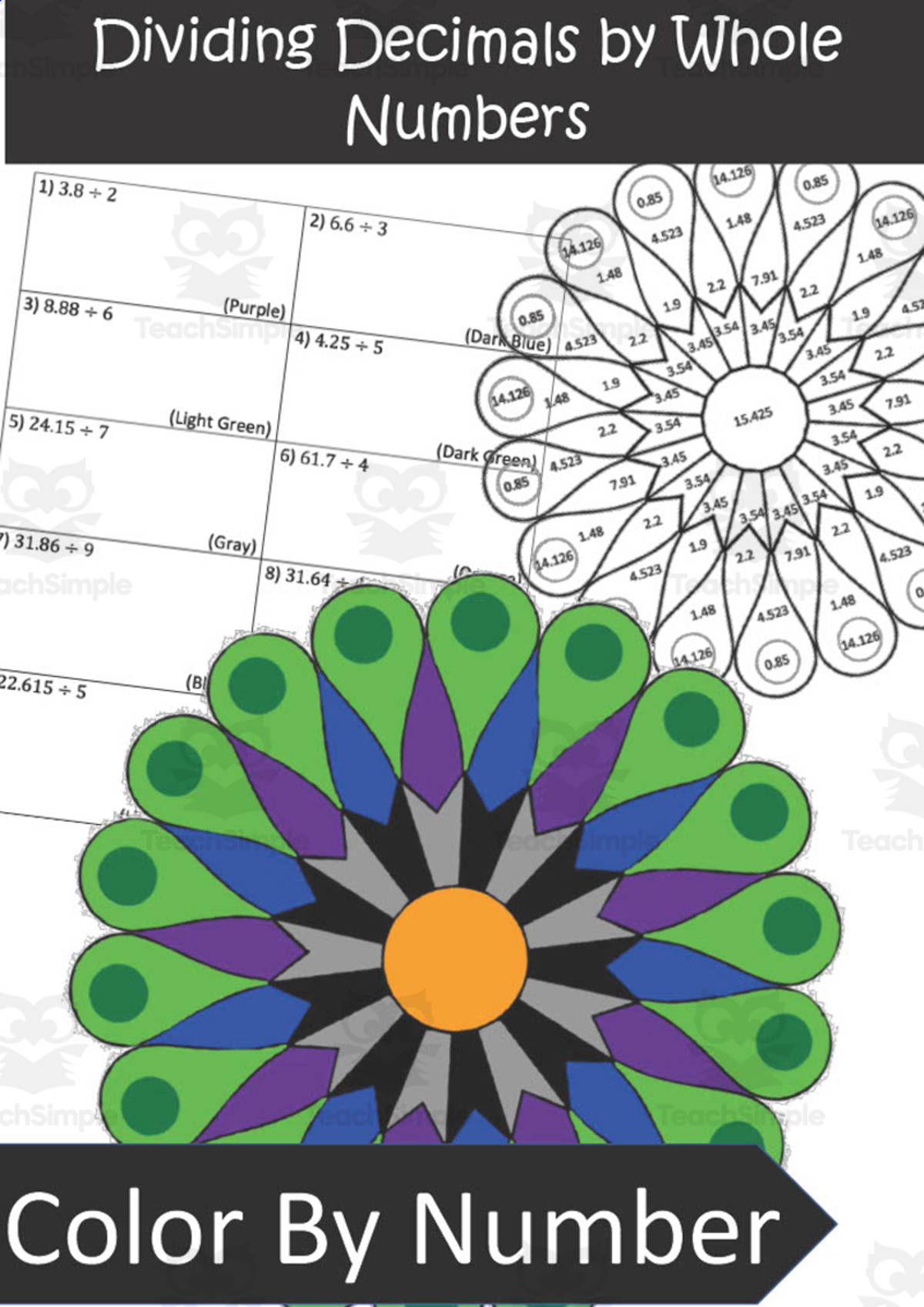 An educational teaching resource from Mrs. B Secondary Math entitled (US) Dividing Decimals by Whole Numbers Color by Number downloadable at Teach Simple.