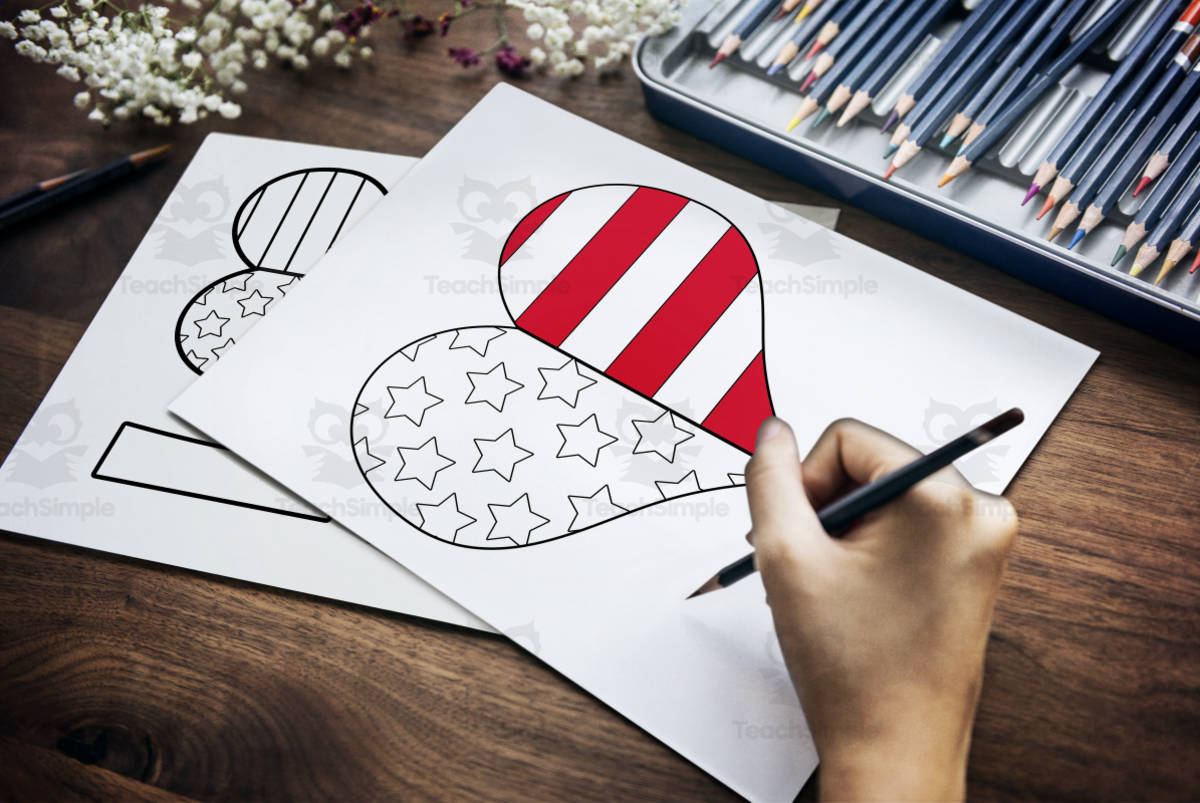 An educational teaching resource from Forever June Digital Design entitled US Flag Heart Coloring Page, DIY Memorial Day Poster, Flag Day Activity, 4th of July Crafts for Kids, Independence Day Printable, Veterans Day, Instant Download downloadable at Teach Simple.