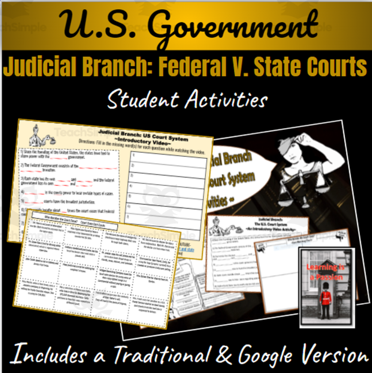 An educational teaching resource from Learning is a Passion entitled U.S. Government | Article III | Judicial Branch: Federal v. State Courts | Student Activities downloadable at Teach Simple.