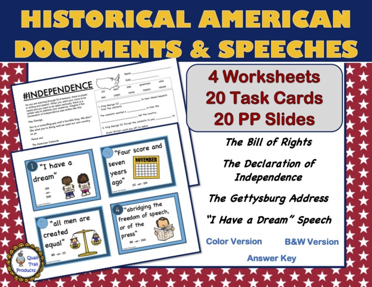 An educational teaching resource from Quail Trail Products entitled U.S. History Documents and Speeches Worksheets and Task Cards downloadable at Teach Simple.