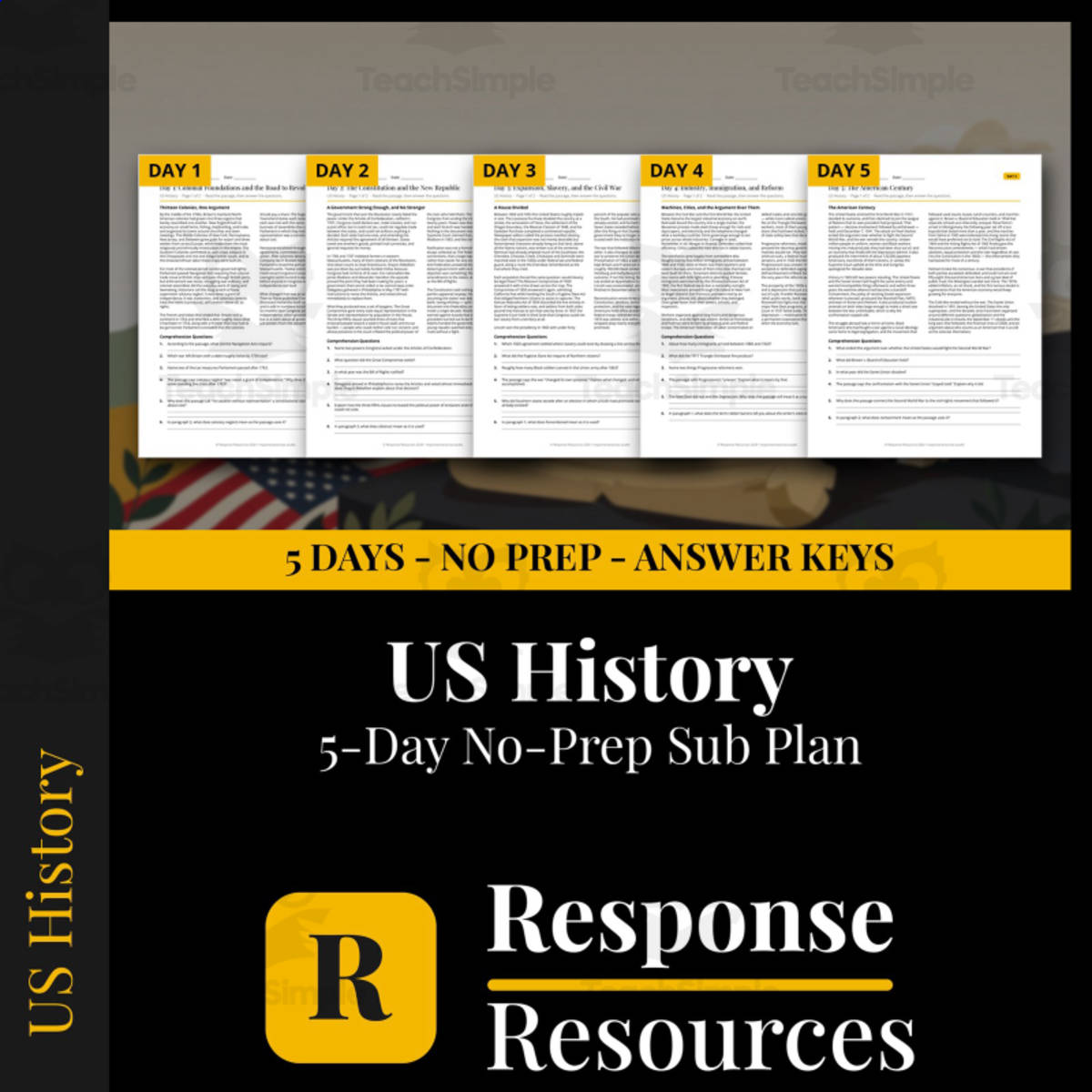US History Emergency Sub Plans - 5 Days No Prep Worksheets preview