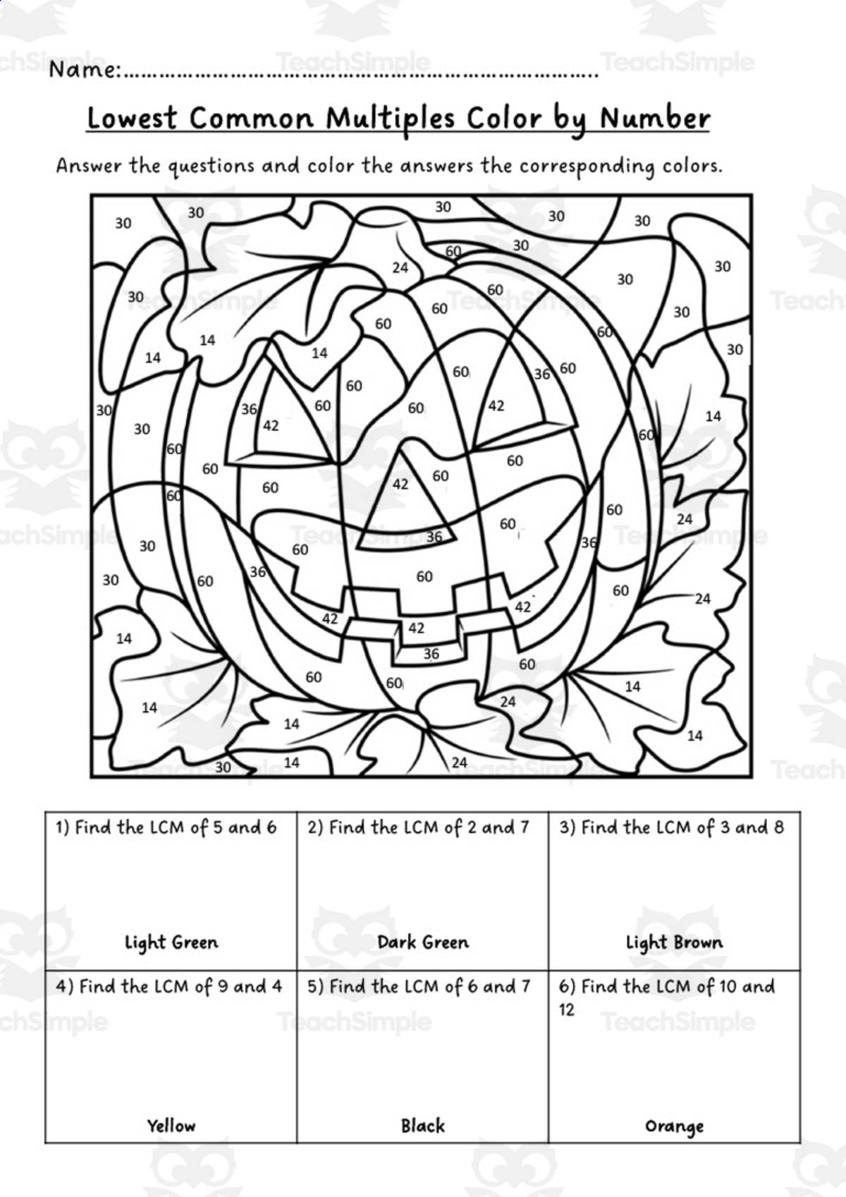 An educational teaching resource from Mrs. B Secondary Math entitled (US) Lowest Common Multiples Color by Number Activity downloadable at Teach Simple.
