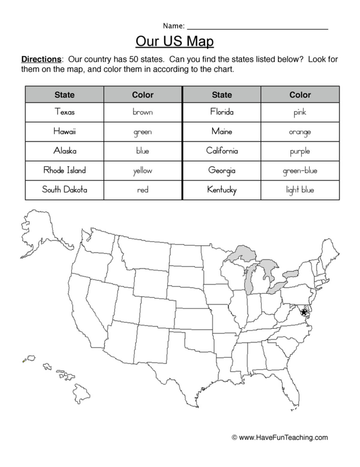 An educational teaching resource from Have Fun Teaching entitled US Map Worksheet – Color & Locate the States downloadable at Teach Simple.