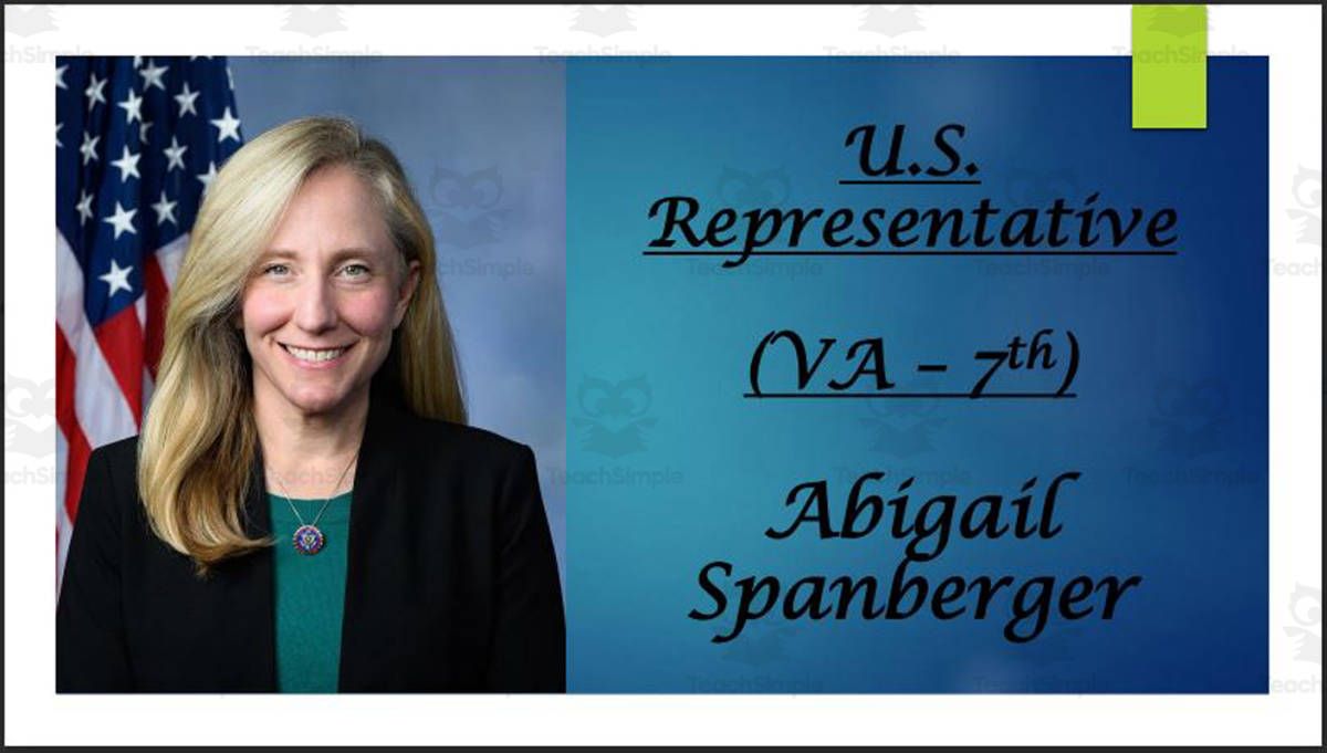 An educational teaching resource from Mr. Matthews Teacher Store entitled U.S. Representative Abigail Spanberger (VA - 7th) BIO PPT downloadable at Teach Simple.
