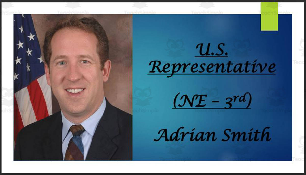 An educational teaching resource from Mr. Matthews Teacher Store entitled U.S. Representative Adrian Smith (NE - 3rd) BIO PPT downloadable at Teach Simple.