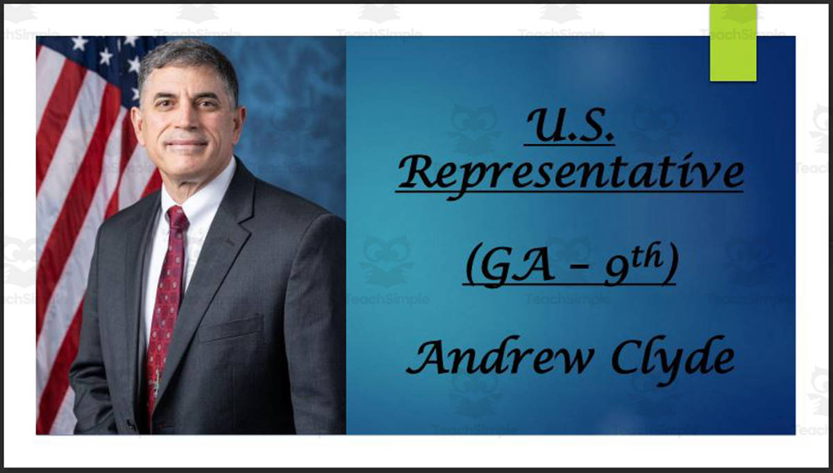 An educational teaching resource from Mr. Matthews Teacher Store entitled U.S. Representative Andrew Clyde (GA - 9th) BIO PPT downloadable at Teach Simple.