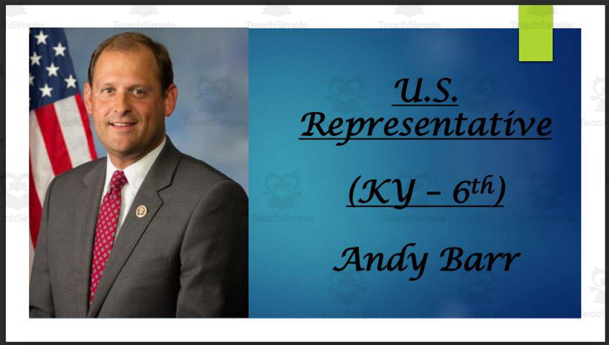 An educational teaching resource from Mr. Matthews Teacher Store entitled U.S. Representative Andy Barr (KY - 6th) BIO PPT downloadable at Teach Simple.