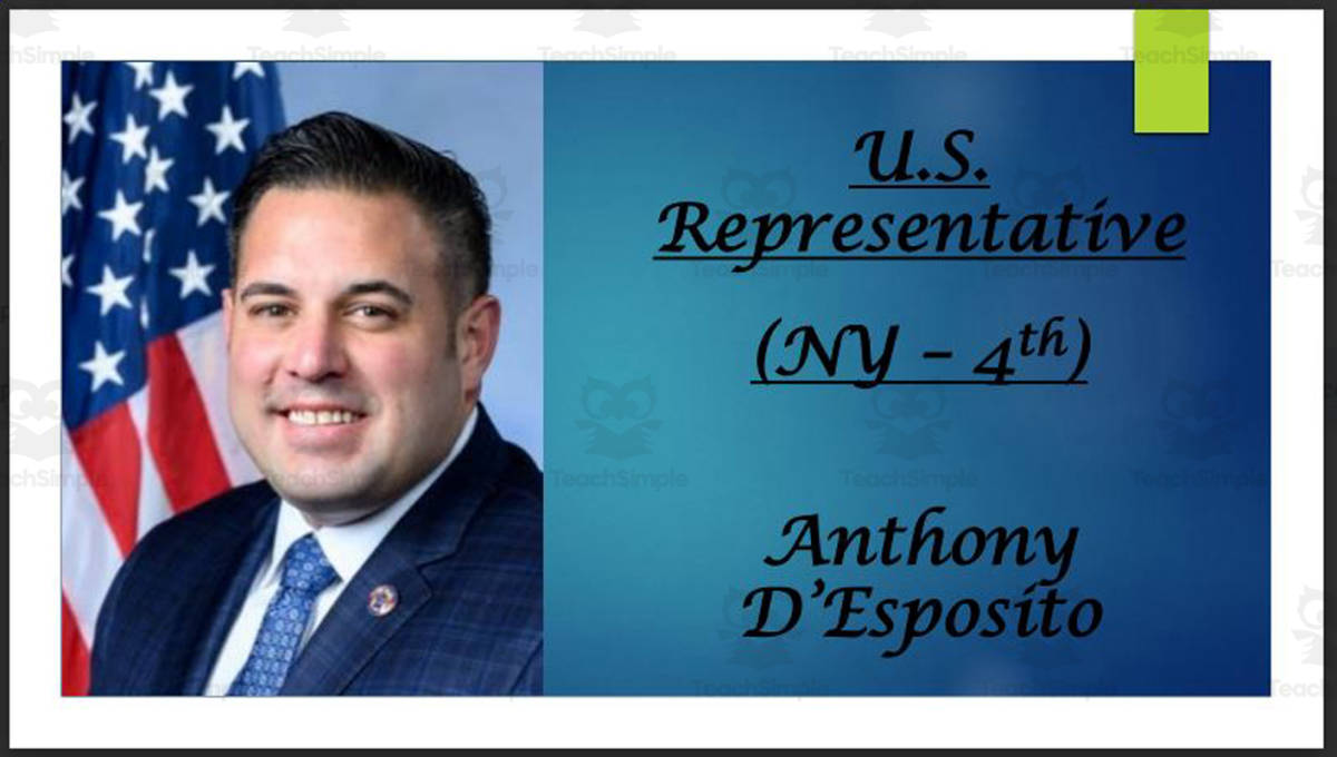 An educational teaching resource from Mr. Matthews Teacher Store entitled U.S. Representative Anthony D'Esposito (NY - 4th) BIO PPT downloadable at Teach Simple.