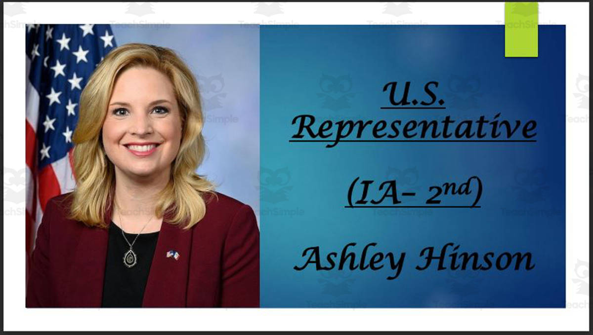 An educational teaching resource from Mr. Matthews Teacher Store entitled U.S. Representative Ashley Hinson (IA - 2nd) BIO PPT downloadable at Teach Simple.
