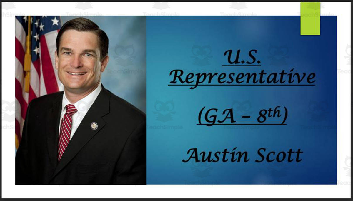 An educational teaching resource from Mr. Matthews Teacher Store entitled U.S. Representative Austin Scott (GA - 8th) BIO PPT downloadable at Teach Simple.