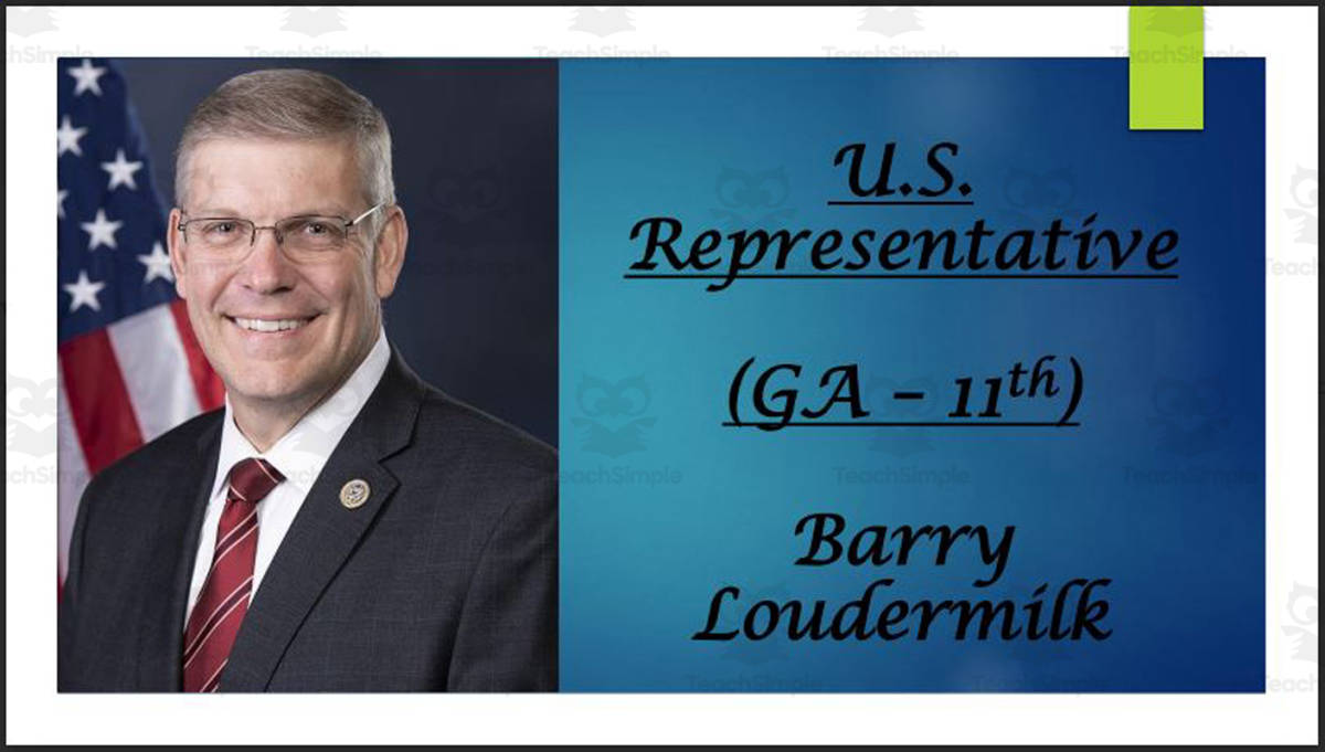 An educational teaching resource from Mr. Matthews Teacher Store entitled U.S. Representative Barry Loudermilk (GA - 11th) BIO PPT downloadable at Teach Simple.