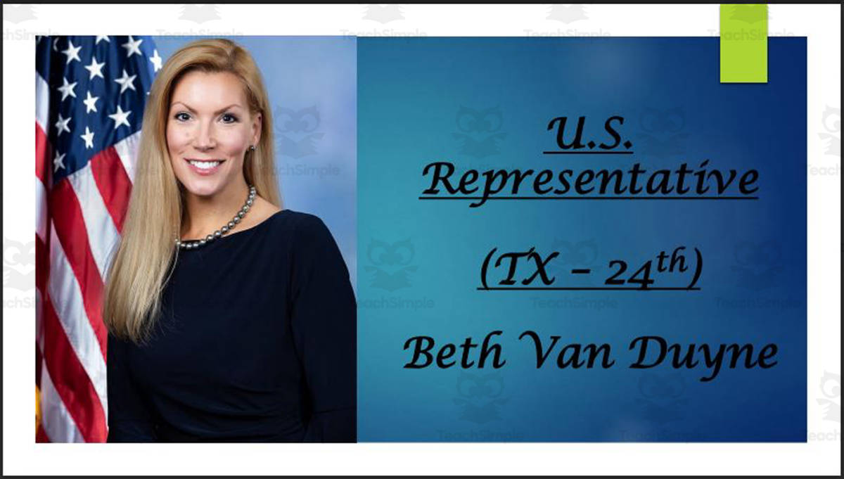 An educational teaching resource from Mr. Matthews Teacher Store entitled U.S. Representative Beth Van Duyne (TX - 24th) BIO PPT downloadable at Teach Simple.