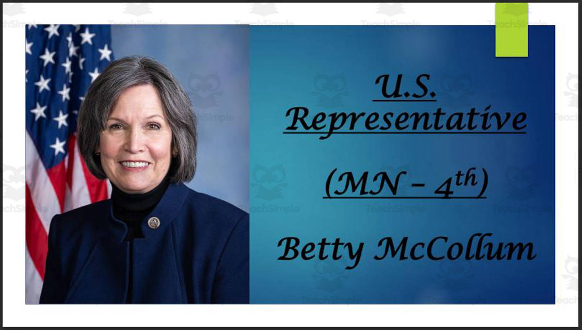 An educational teaching resource from Mr. Matthews Teacher Store entitled U.S. Representative Betty McCollum (MN - 4th) BIO PPT downloadable at Teach Simple.