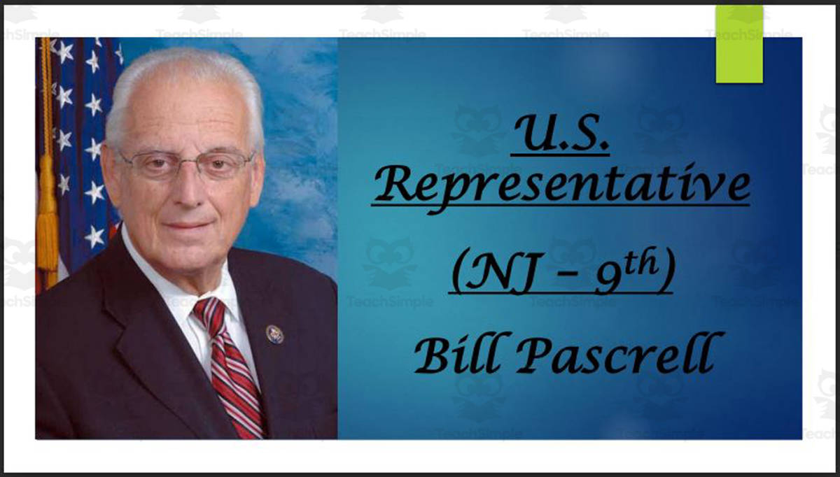 An educational teaching resource from Mr. Matthews Teacher Store entitled U.S. Representative Bill Pascrell (NJ - 9th) BIO PPT downloadable at Teach Simple.