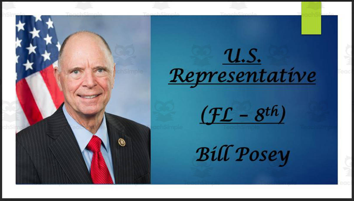 An educational teaching resource from Mr. Matthews Teacher Store entitled U.S. Representative Bill Posey (FL - 8th) BIO PPT downloadable at Teach Simple.