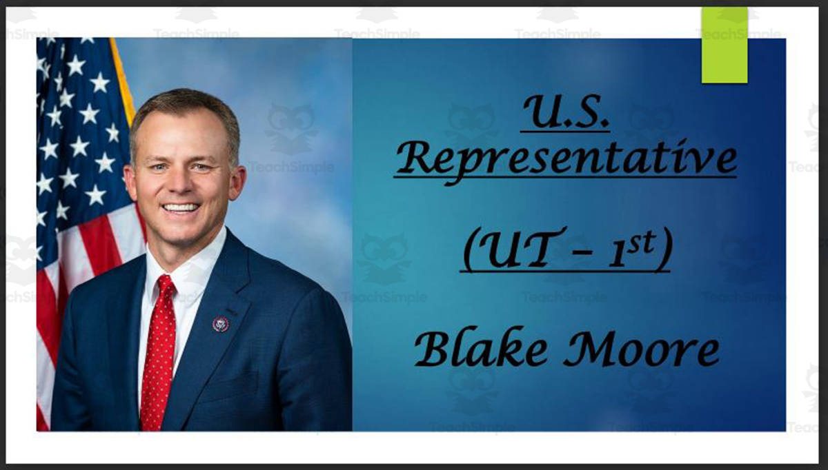 An educational teaching resource from Mr. Matthews Teacher Store entitled U.S. Representative Blake Moore (UT - 1st) BIO PPT downloadable at Teach Simple.