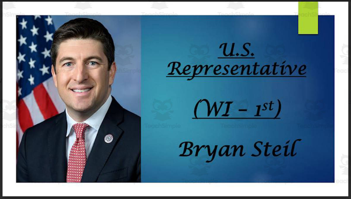 An educational teaching resource from Mr. Matthews Teacher Store entitled U.S. Representative Bryan Steil (WI - 1st) BIO PPT downloadable at Teach Simple.