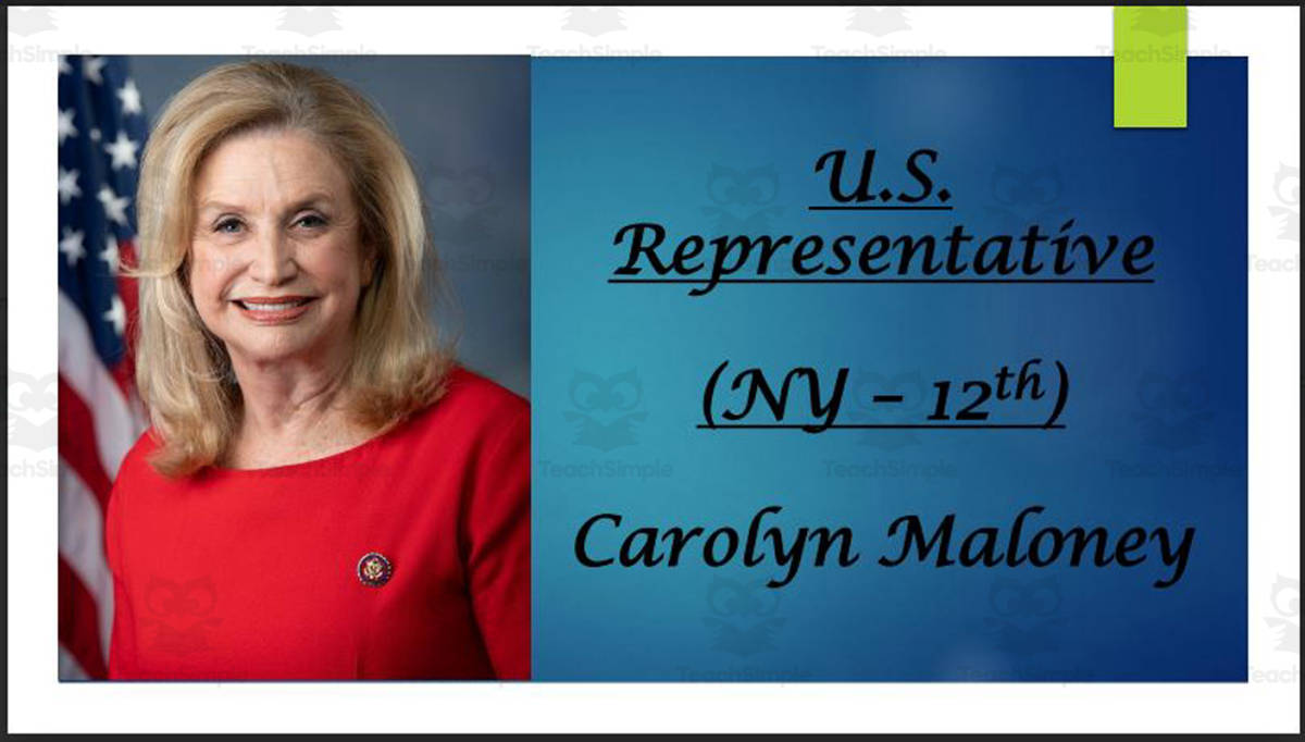 An educational teaching resource from Mr. Matthews Teacher Store entitled U.S. Representative Carolyn Maloney (NY - 12th) BIO PPT downloadable at Teach Simple.