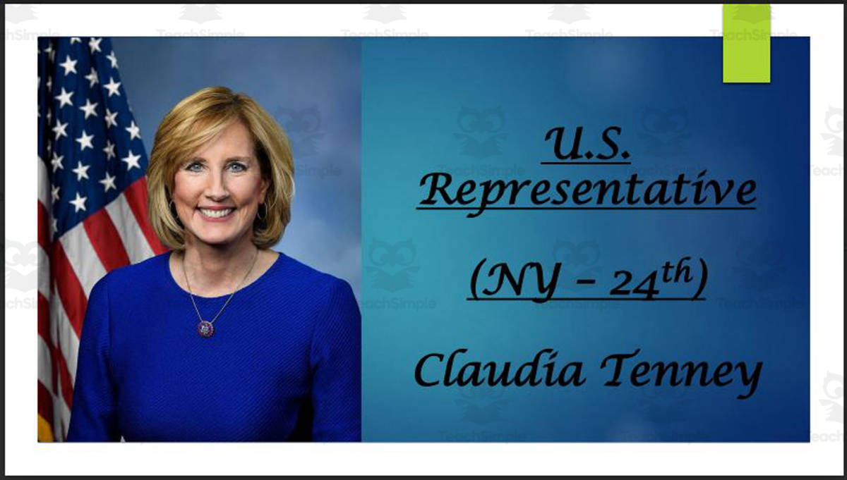An educational teaching resource from Mr. Matthews Teacher Store entitled U.S. Representative Claudia Tenney (NY - 24th) BIO PPT downloadable at Teach Simple.