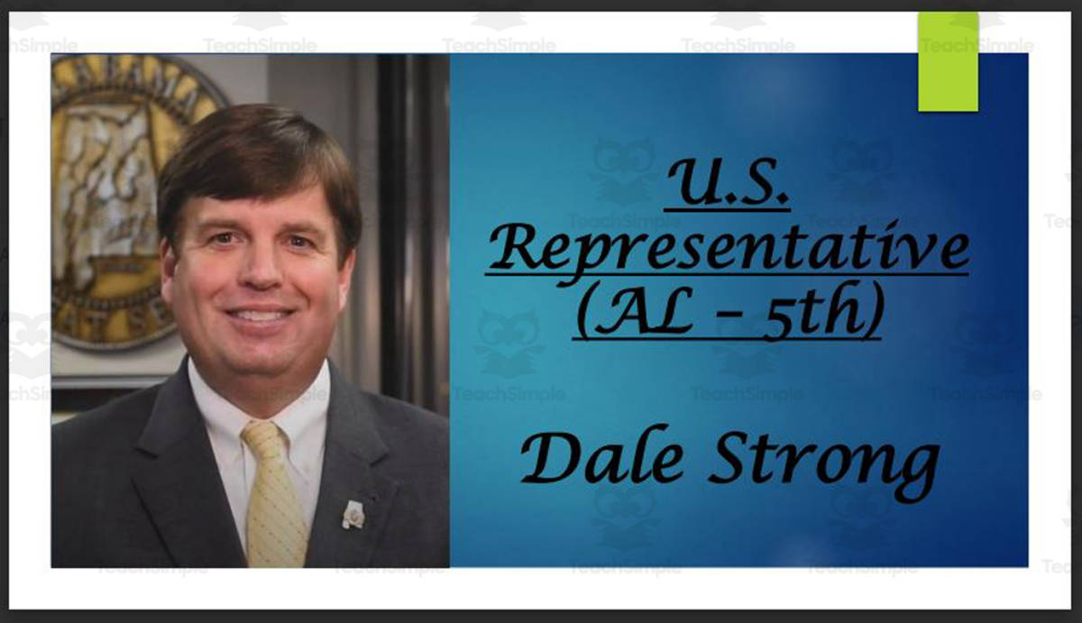 An educational teaching resource from Mr. Matthews Teacher Store entitled U.S. Representative Dale Strong (AL - 5th) BIO PPT downloadable at Teach Simple.