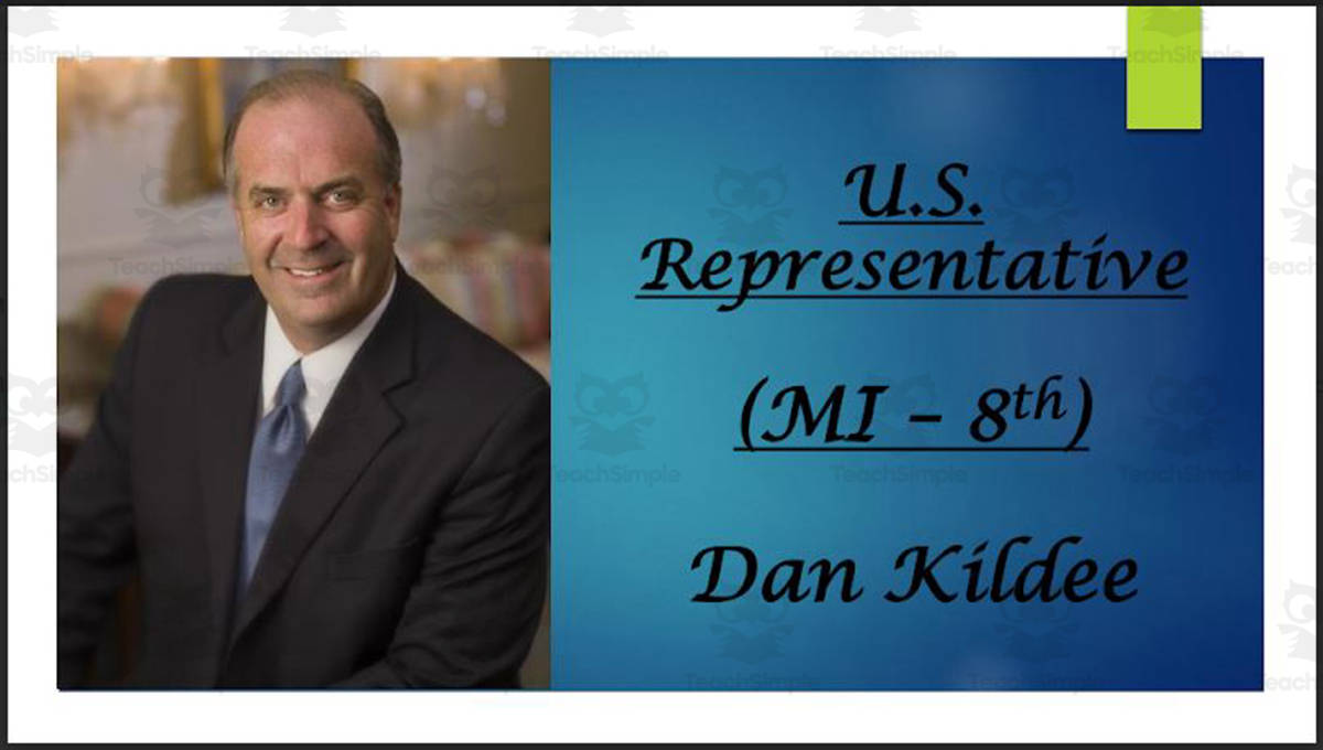 An educational teaching resource from Mr. Matthews Teacher Store entitled U.S. Representative Dan Kildee (MI - 8th) BIO PPT downloadable at Teach Simple.