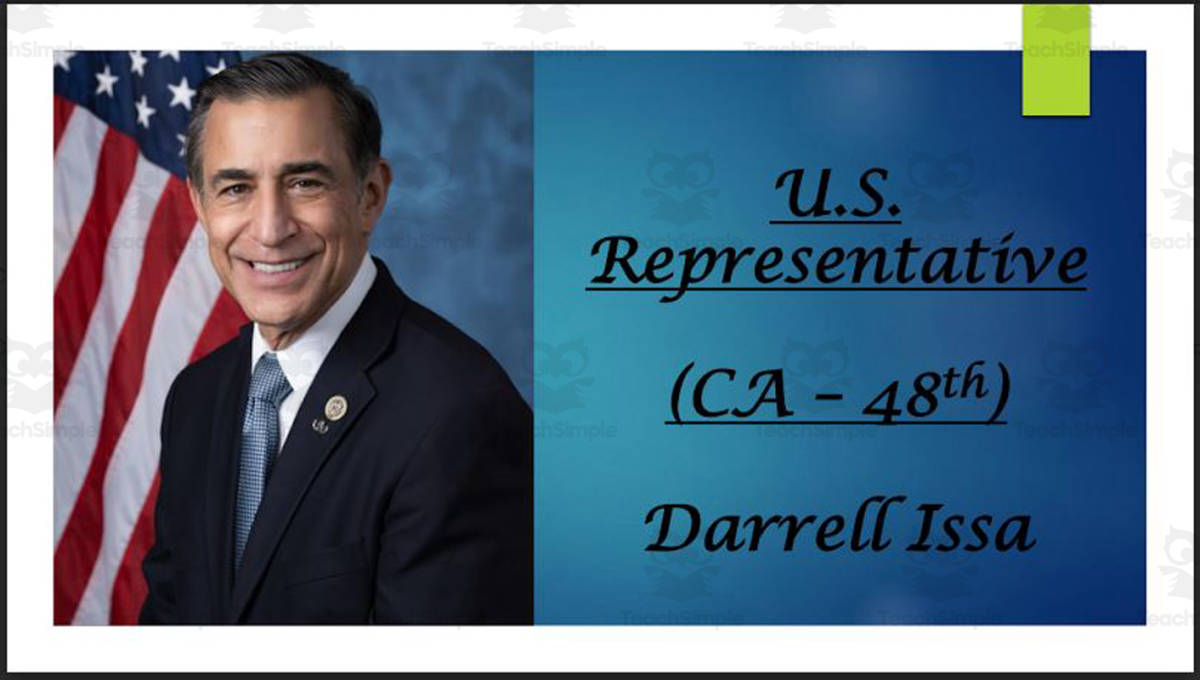 An educational teaching resource from Mr. Matthews Teacher Store entitled U.S. Representative Darrell Issa (CA - 48th) BIO PPT downloadable at Teach Simple.